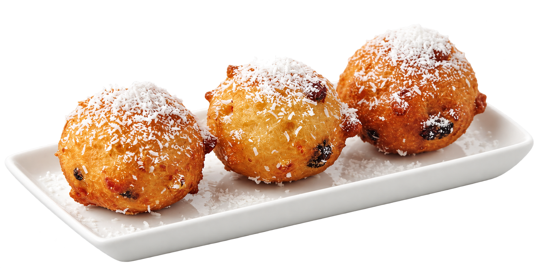 Drie mini-oliebollen met kokos op een schaaltje voor Winterthai